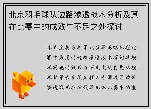 北京羽毛球队边路渗透战术分析及其在比赛中的成效与不足之处探讨